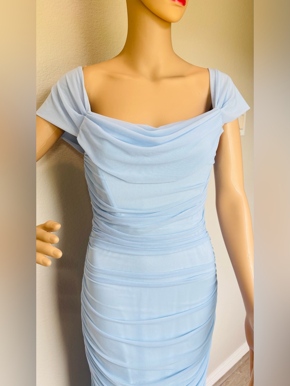 Elegant Off-Shoulder Baby Blue Ruched Evening Dress - Picture 4 of 14